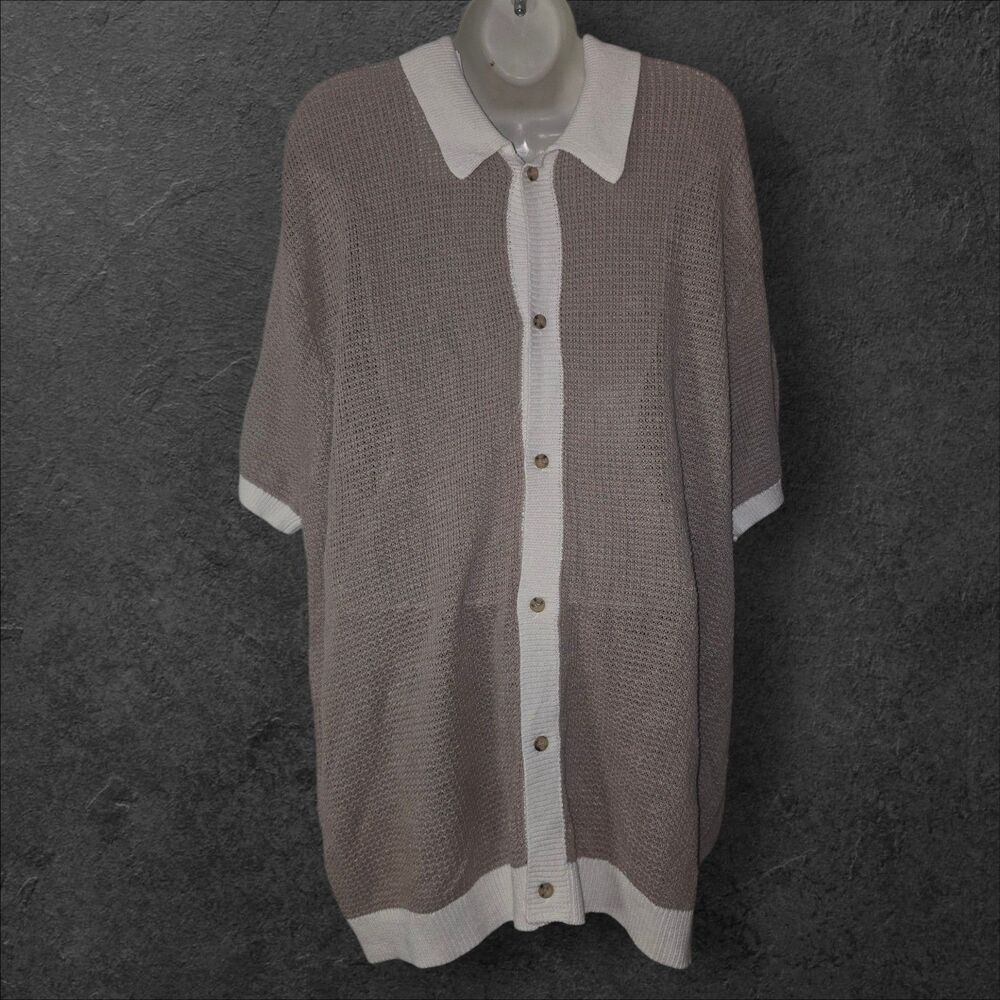 Onia Linen Short Sleeve Button Up Sweater Tan White Stripe XXL Resort Beachy